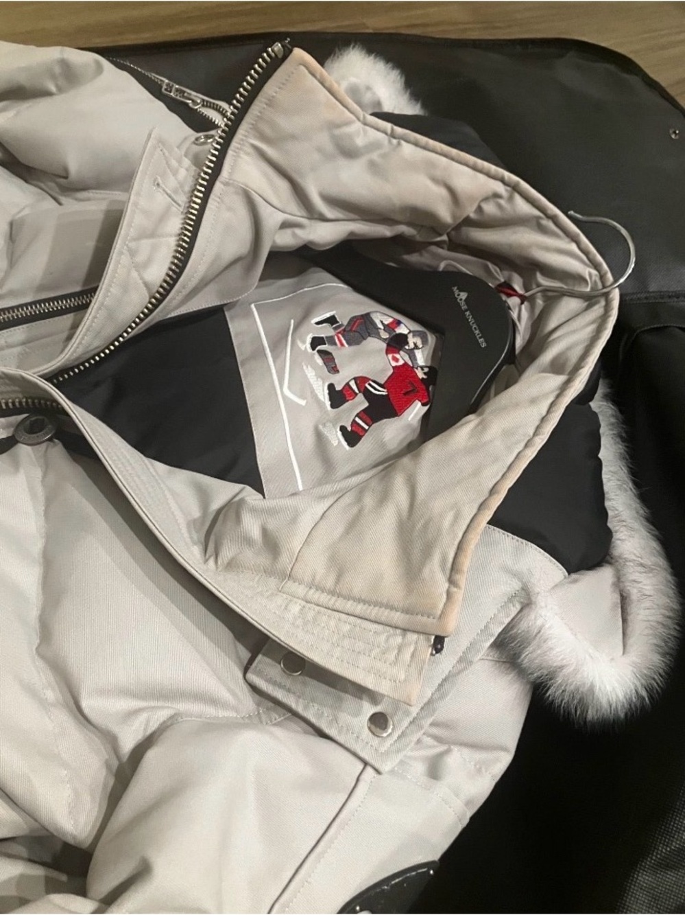 Moose Knuckles Cream Bomber Jacket with Fur-Trim Hood